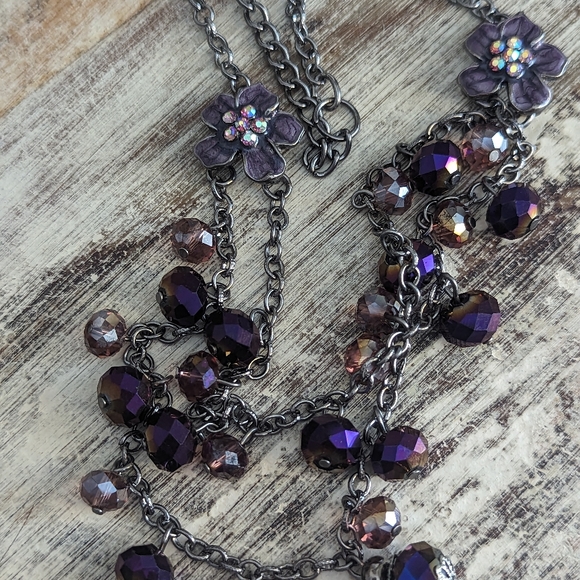 Pink and Purple Aurora Borealis and Enamel Flower Dangle Necklace - Picture 6 of 11